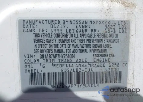 2017 Nissan Sentra S z USA, uszkodzony, nr VIN 3N1AB7AP7HY264064